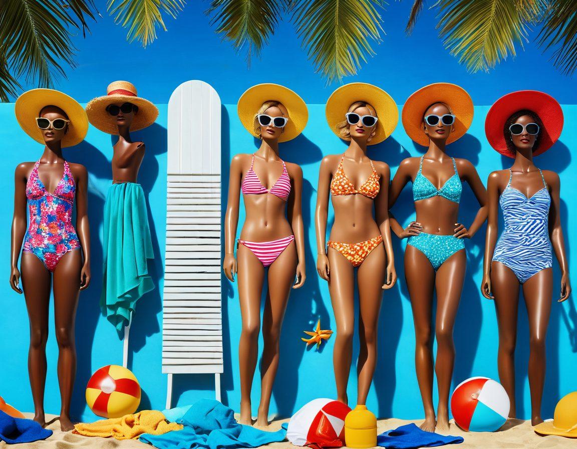 A vibrant beach scene showcasing a variety of stylish swimwear on mannequins, surrounded by colorful beach accessories like hats, sunglasses, and towels. The backdrop features soft waves and a clear blue sky, adding to the summer vibe. Include diverse models of different body types wearing the swimwear, engaging in fun beach activities. Flashes of sunlight and playful shadows enhance the lively atmosphere. super-realistic. vibrant colors. beach setting.