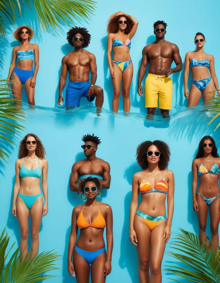 A sun-soaked beach scene featuring diverse individuals wearing stylish, eco-friendly swimwear made from sustainable materials. Include beach accessories like biodegradable sunglasses and reusable water bottles, with lush tropical plants in the background. The blue ocean waves should be gently crashing nearby, creating a vibrant atmosphere promoting sustainability. super-realistic. vibrant colors. light background.